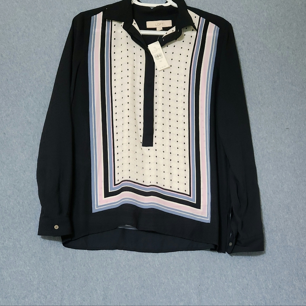 LOFT blue white polka-dot striped long sleeved button down blouse. Size XS